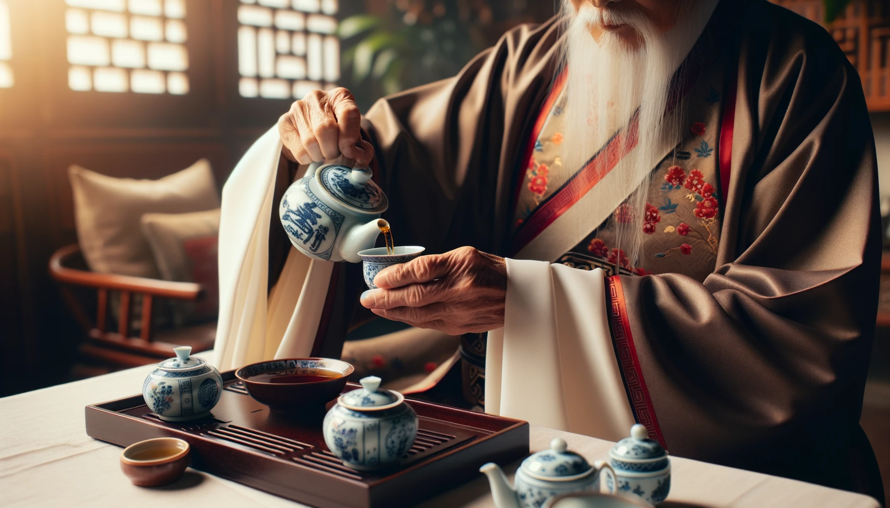 Elderly person in traditional attire pouring tea from a blue and white teapot into a cup.