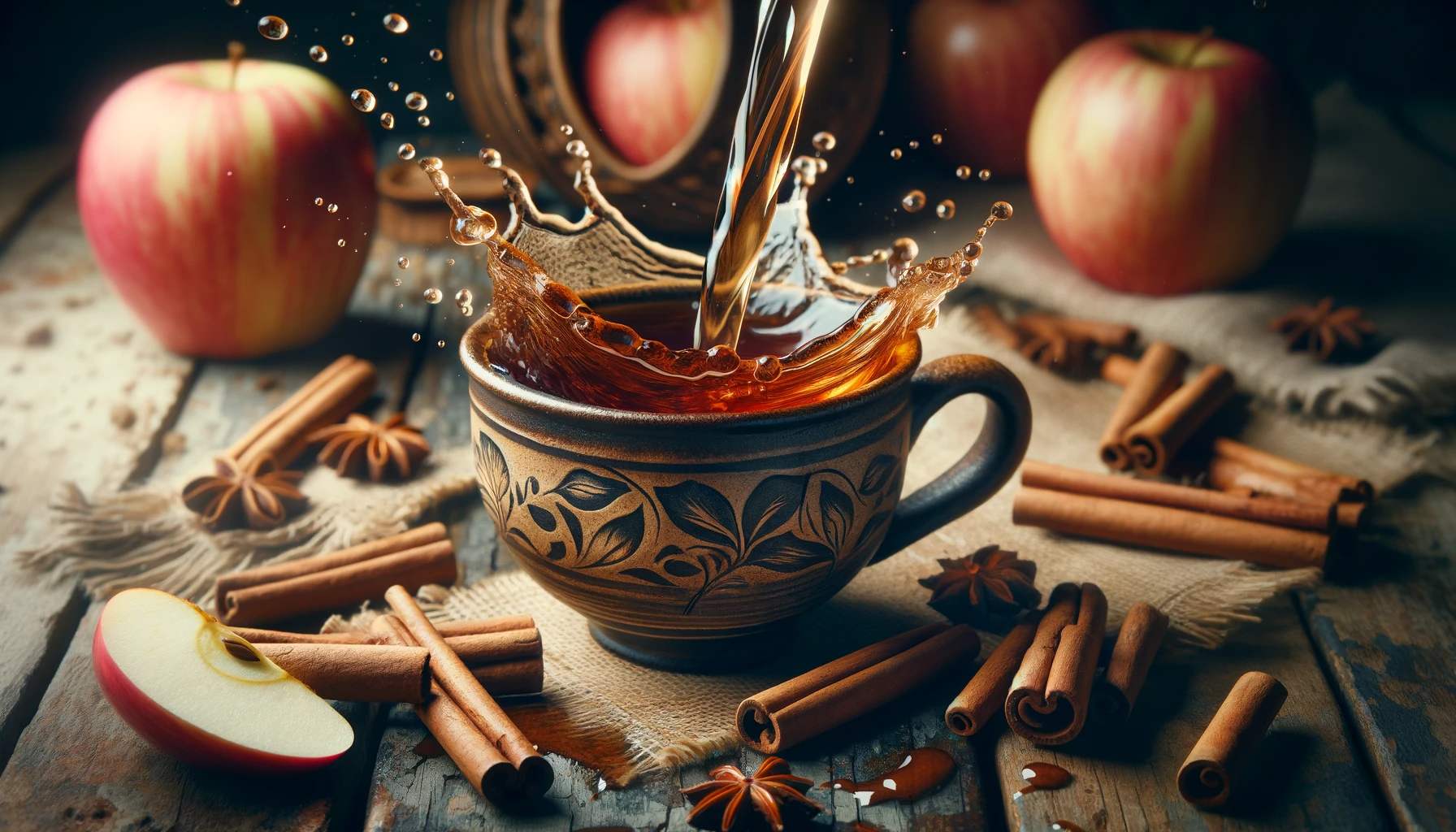 Tea splashing into a patterned cup surrounded by apples, cinnamon sticks, and star anise on a rustic table.