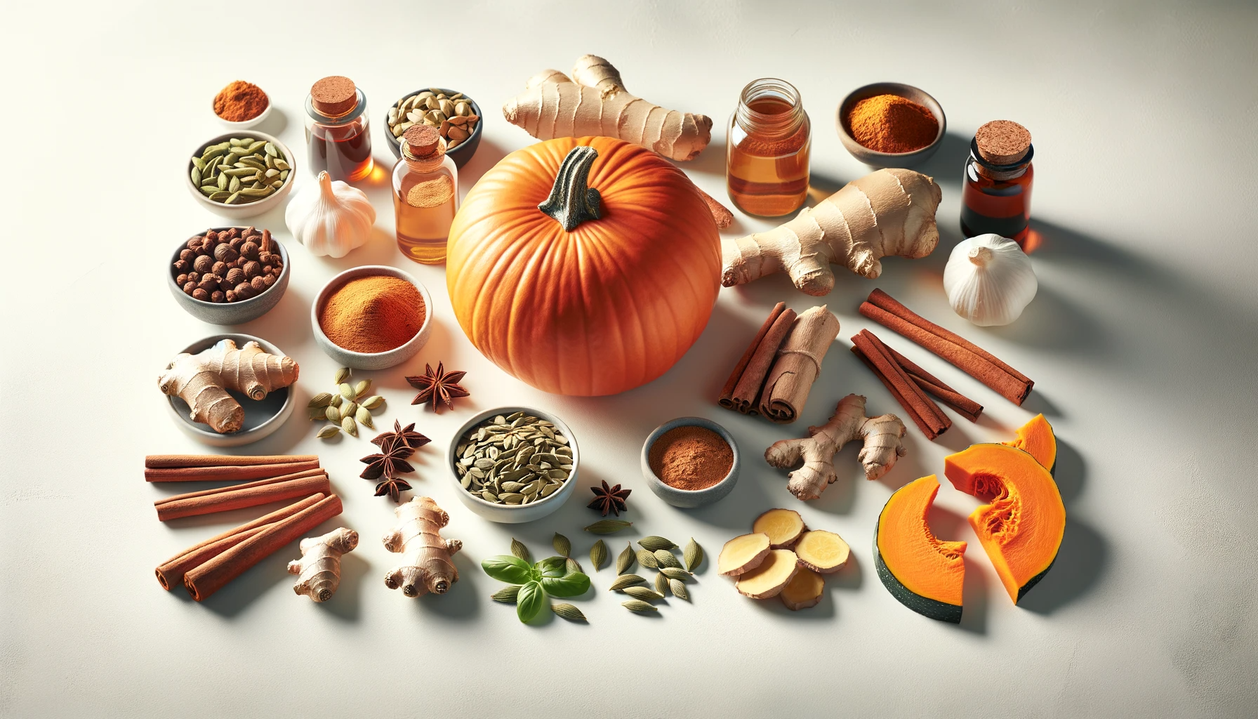 Pumpkin surrounded by ginger, cinnamon, spices, seeds, and herbal bottles on a white background.
