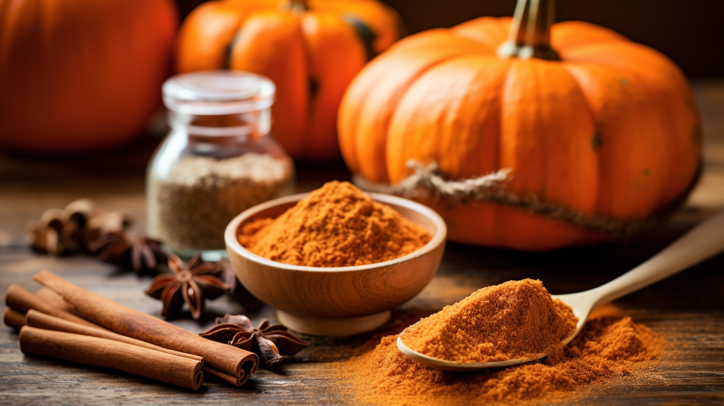 Pumpkin spice ingredients with pumpkins, cinnamon sticks, and star anise on a wooden table.