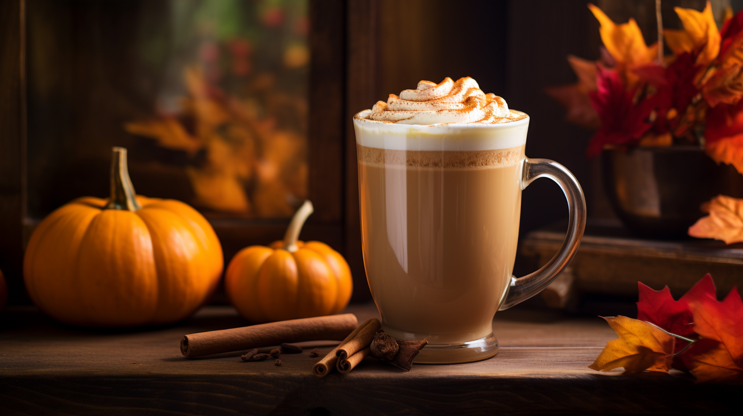 Pumpkin spice latte with whipped cream, cinnamon sticks, and autumn leaves.