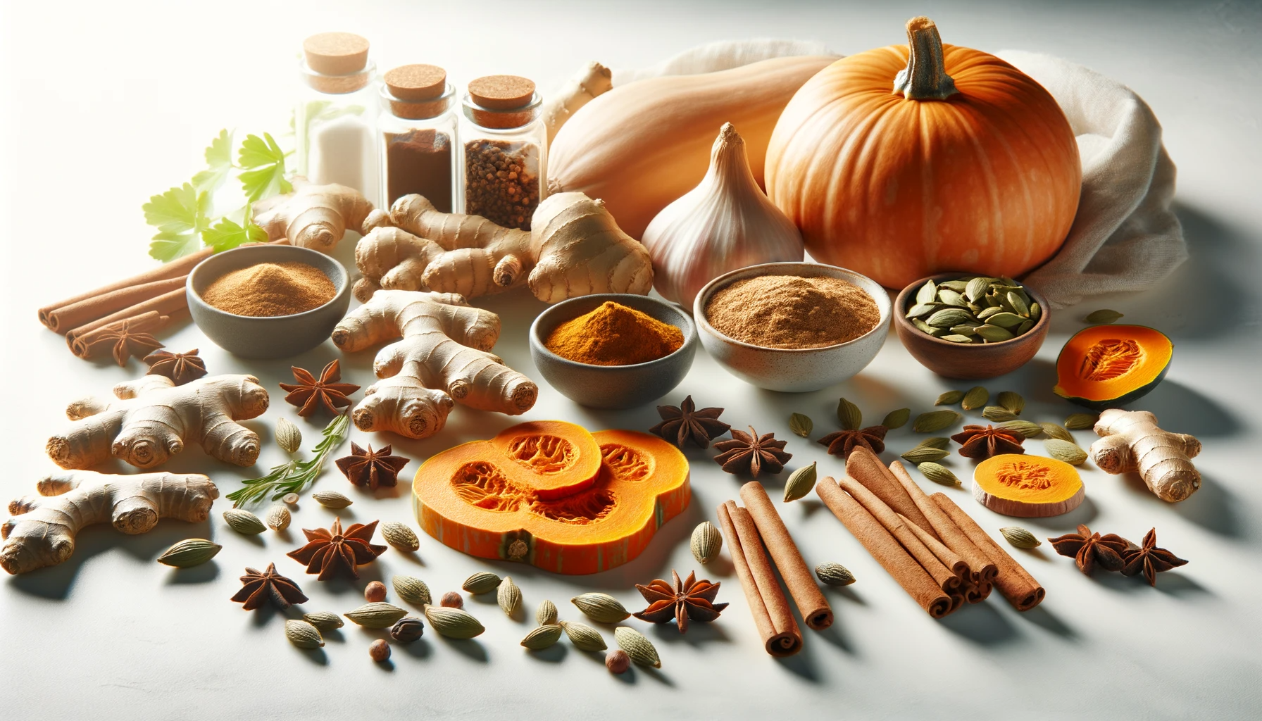 Assorted spices and ingredients with pumpkin, ginger, cinnamon, and star anise on a white background.