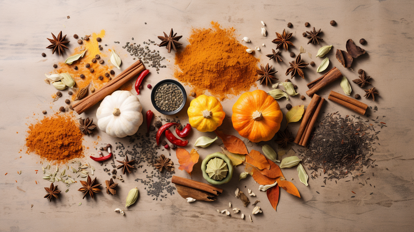 Autumn spices and pumpkins with cinnamon, star anise, cardamom, and chili peppers on a wooden surface.