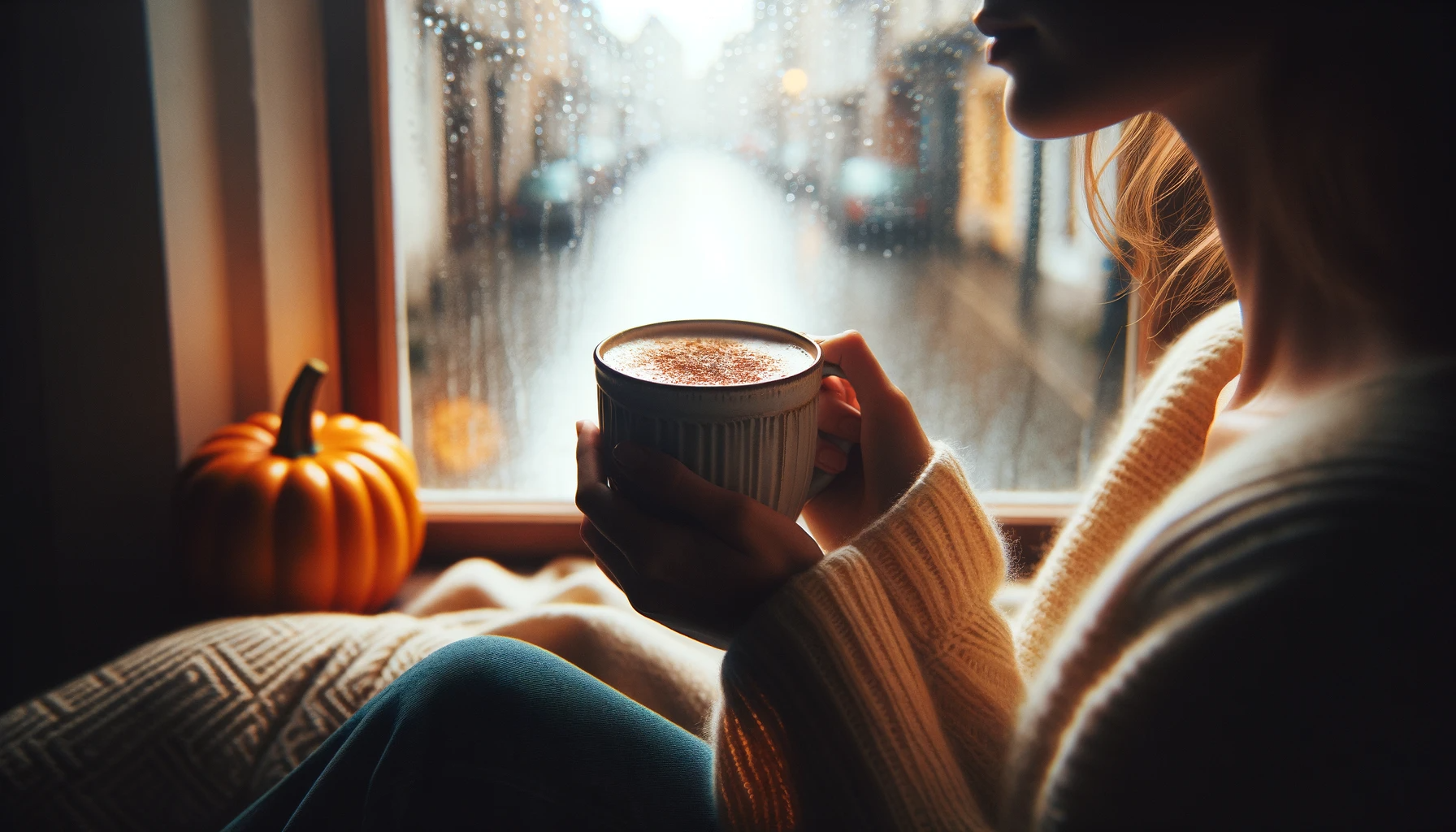 Cozy scene with person holding a mug by a rainy window, pumpkin nearby.