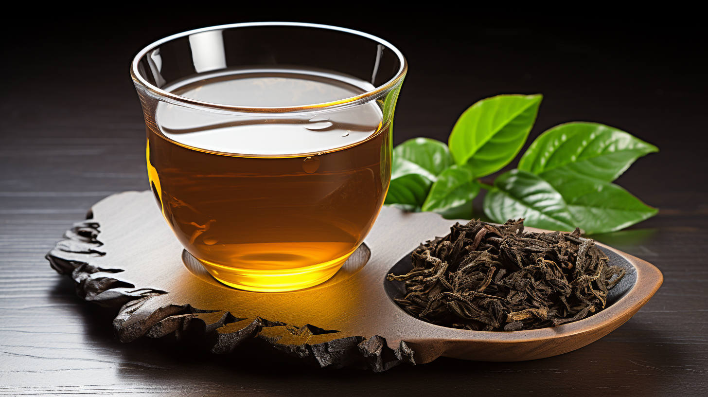 Glass of amber tea on wooden tray with loose tea leaves and green leaves.