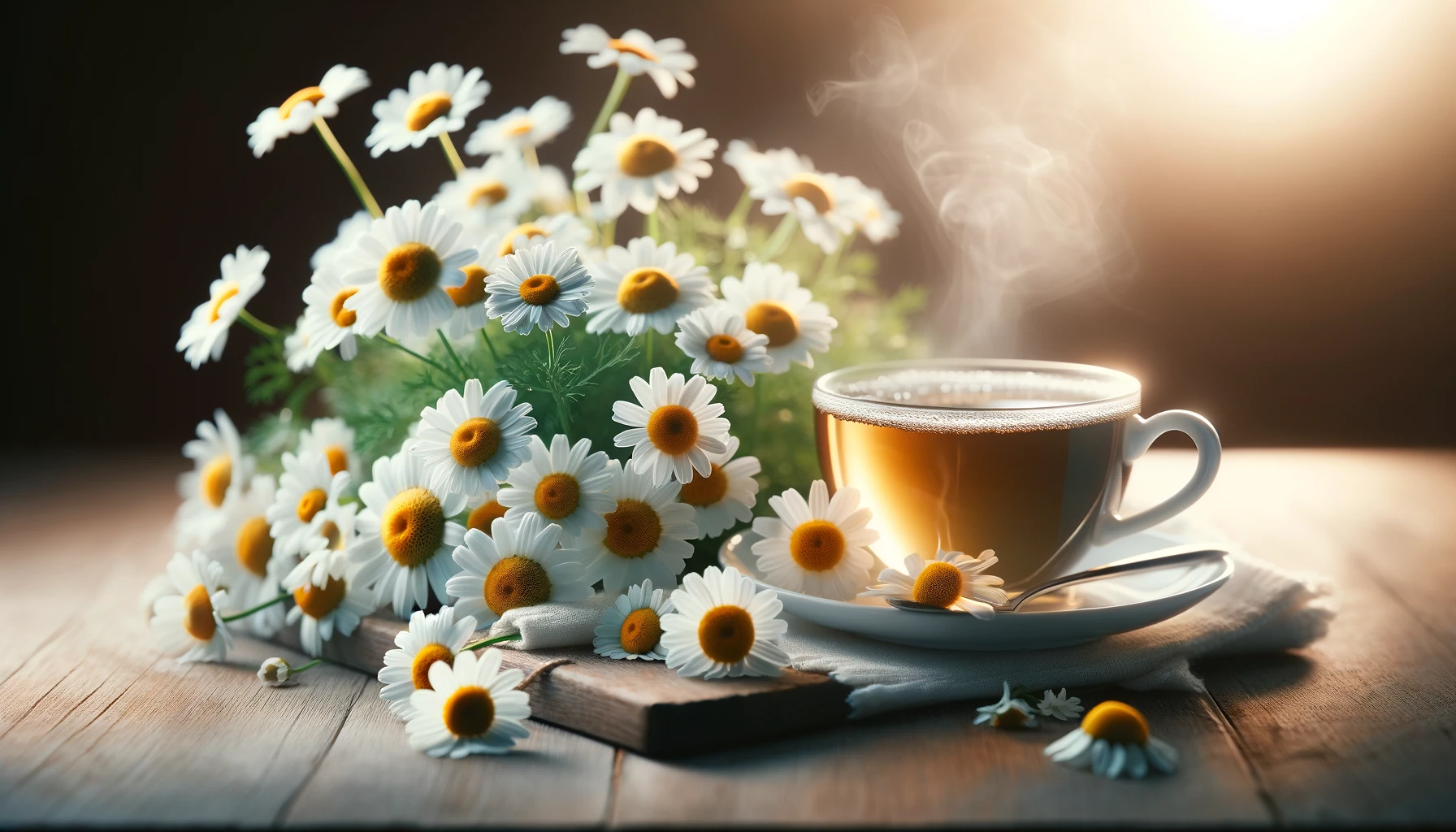 Steaming cup of chamomile tea surrounded by fresh chamomile flowers on a wooden table.