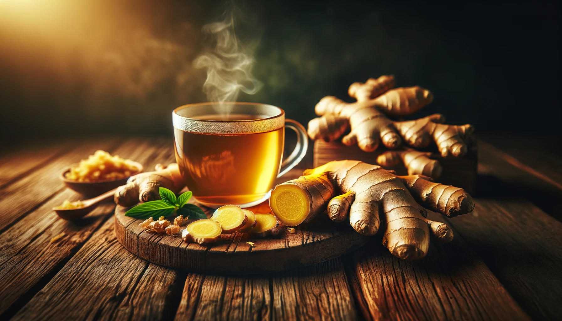 Steaming cup of ginger tea with fresh ginger roots on a wooden table.