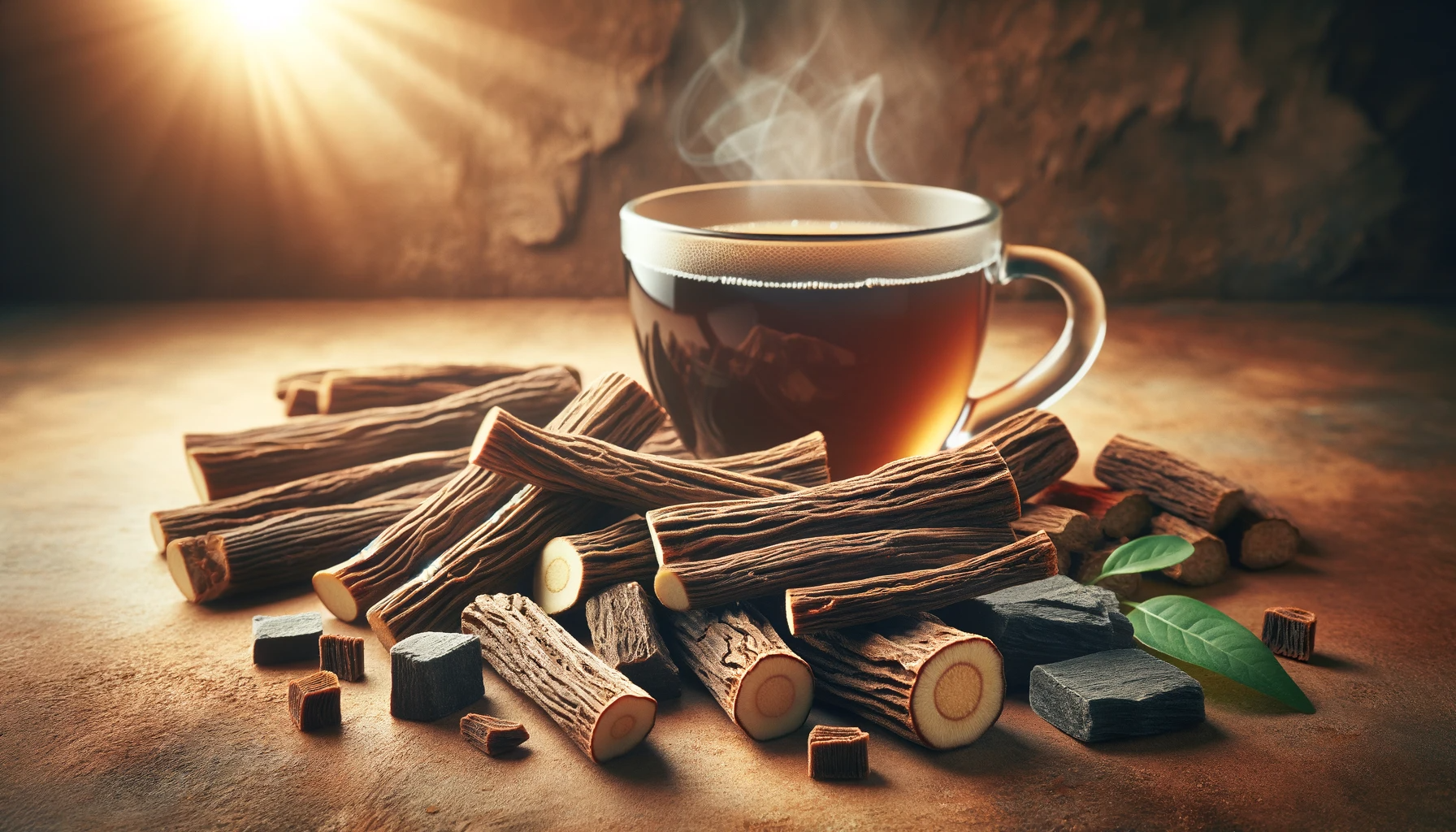 Steaming cup of herbal tea surrounded by licorice roots and leaves in warm sunlight.
