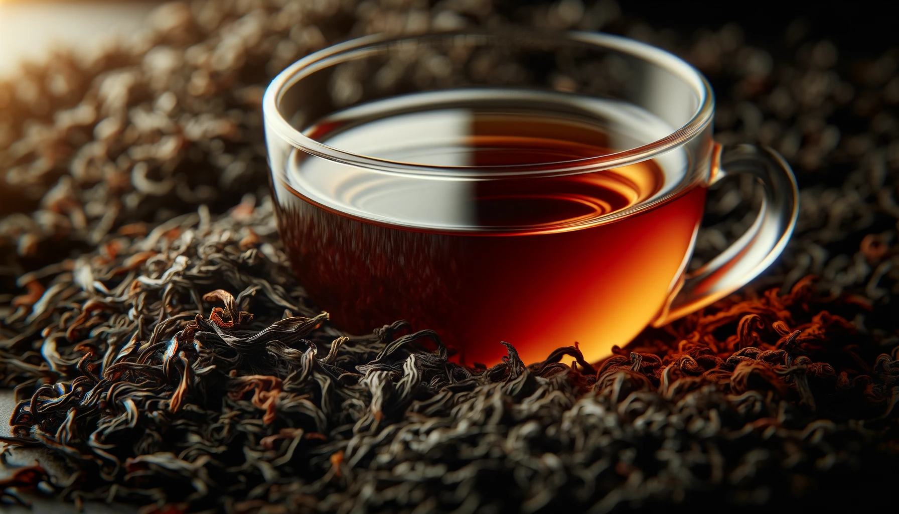 Glass cup of black tea surrounded by loose tea leaves, warmly lit.