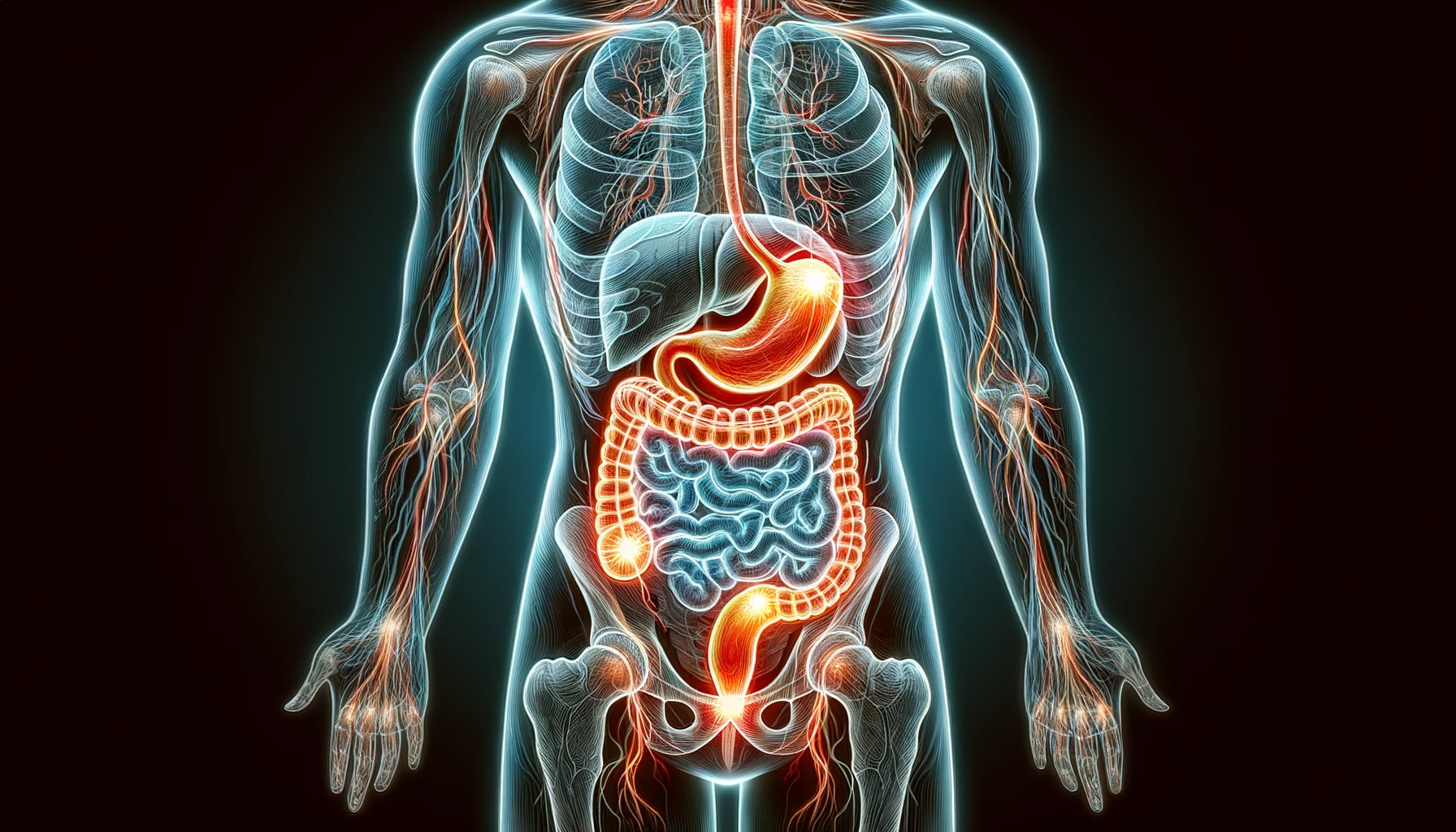 Illustration of the human digestive system with highlighted organs and nerves.