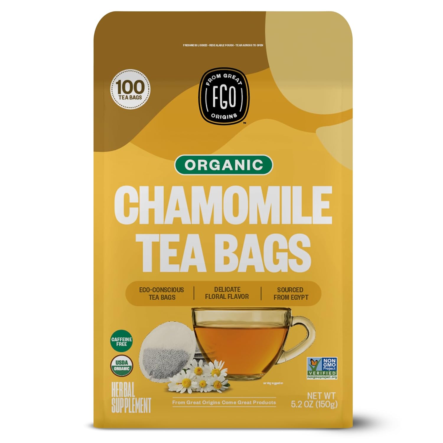 Organic chamomile tea bags packaging, 100 count, eco-conscious, floral flavor.