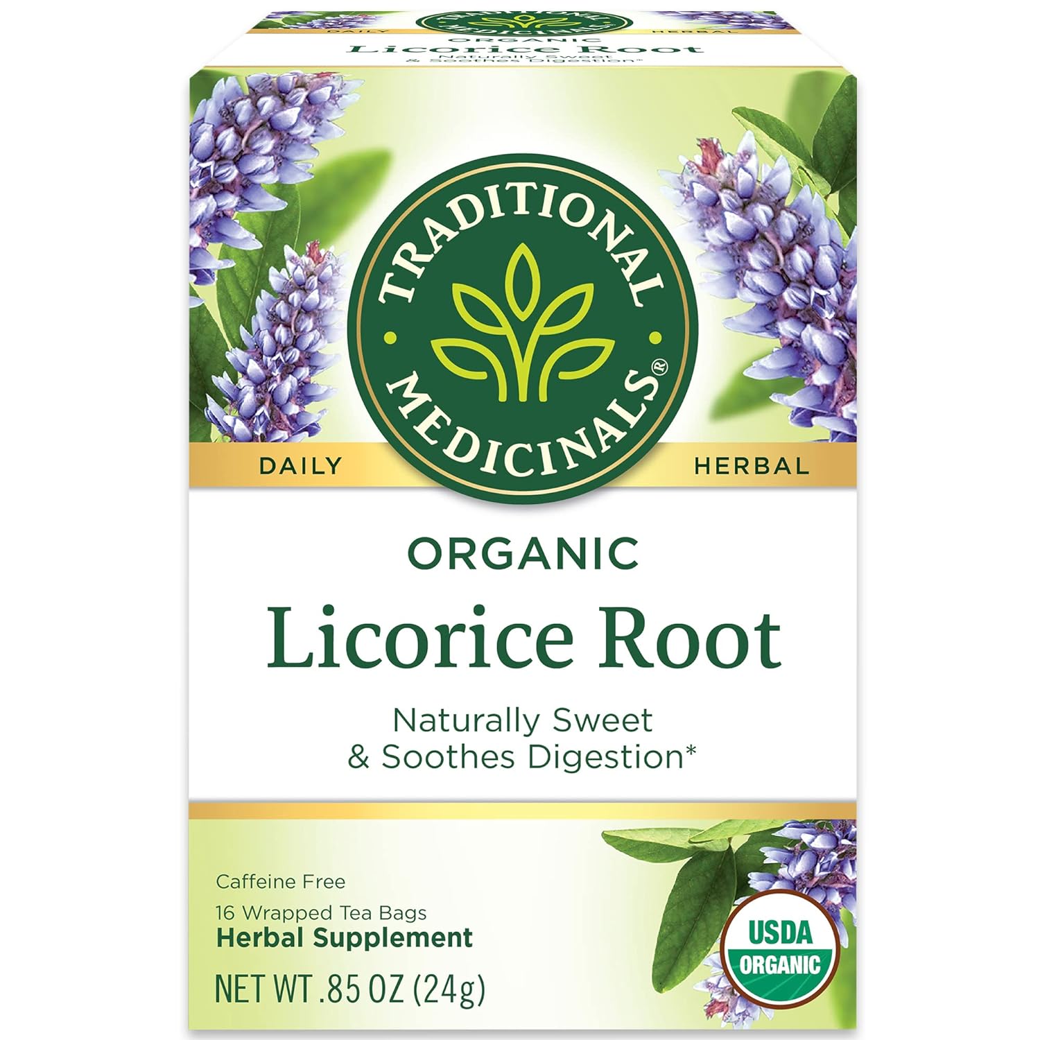 Traditional Medicinals Organic Licorice Root tea box with purple flowers and USDA Organic seal.