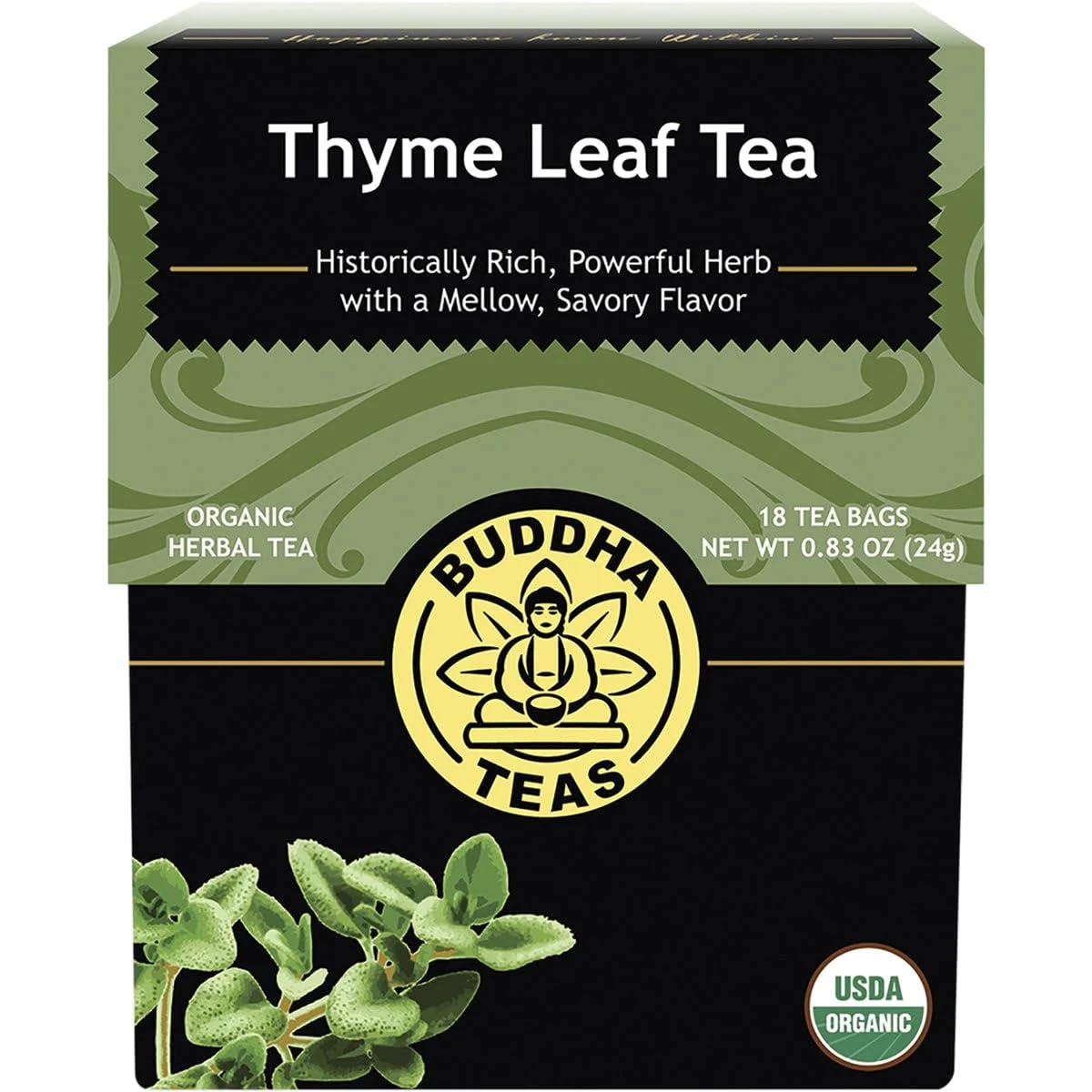 Thyme Leaf Tea box, organic, 18 bags, USDA certified, with thyme leaves illustration.