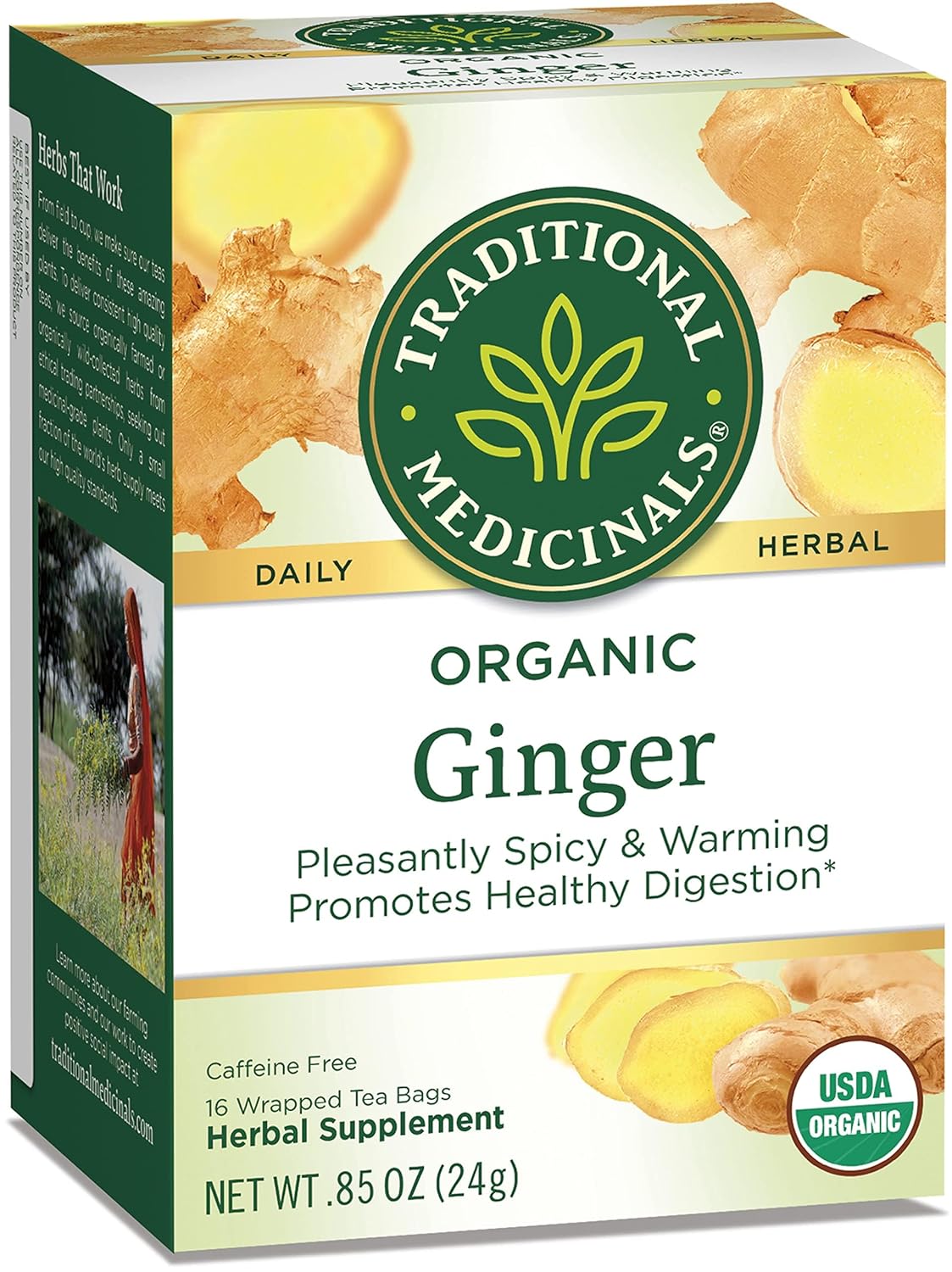 Box of Traditional Medicinals Organic Ginger tea with ginger root images.
