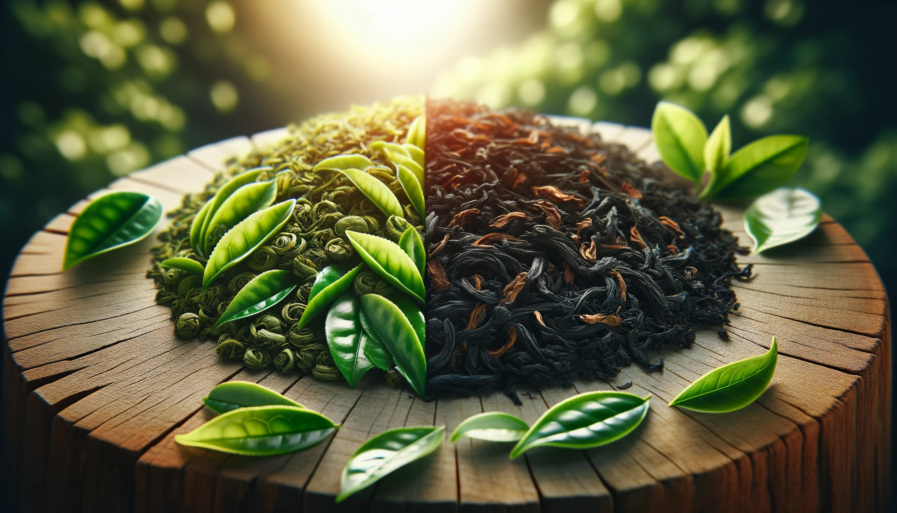 Green and black tea leaves on a wooden surface with fresh green leaves around.