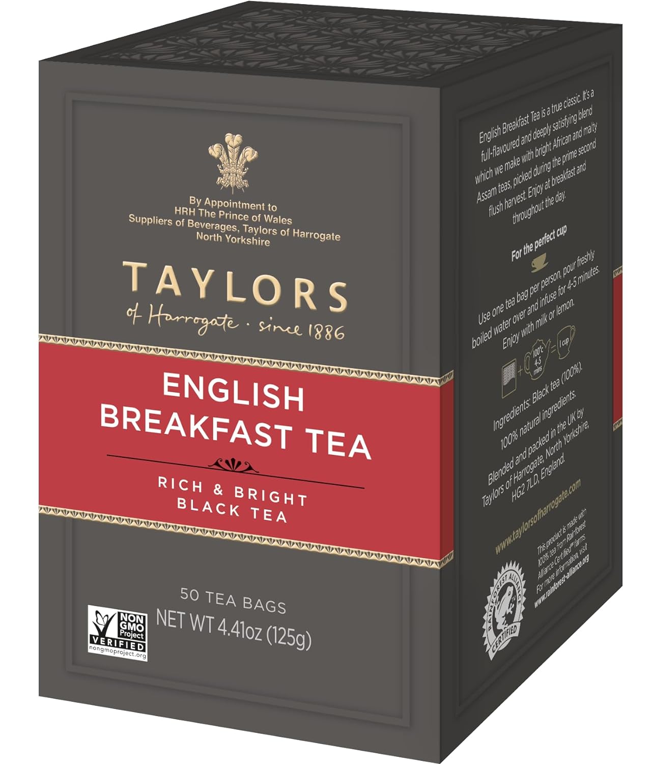 Taylors English Breakfast Tea box, 50 bags, rich and bright black tea.