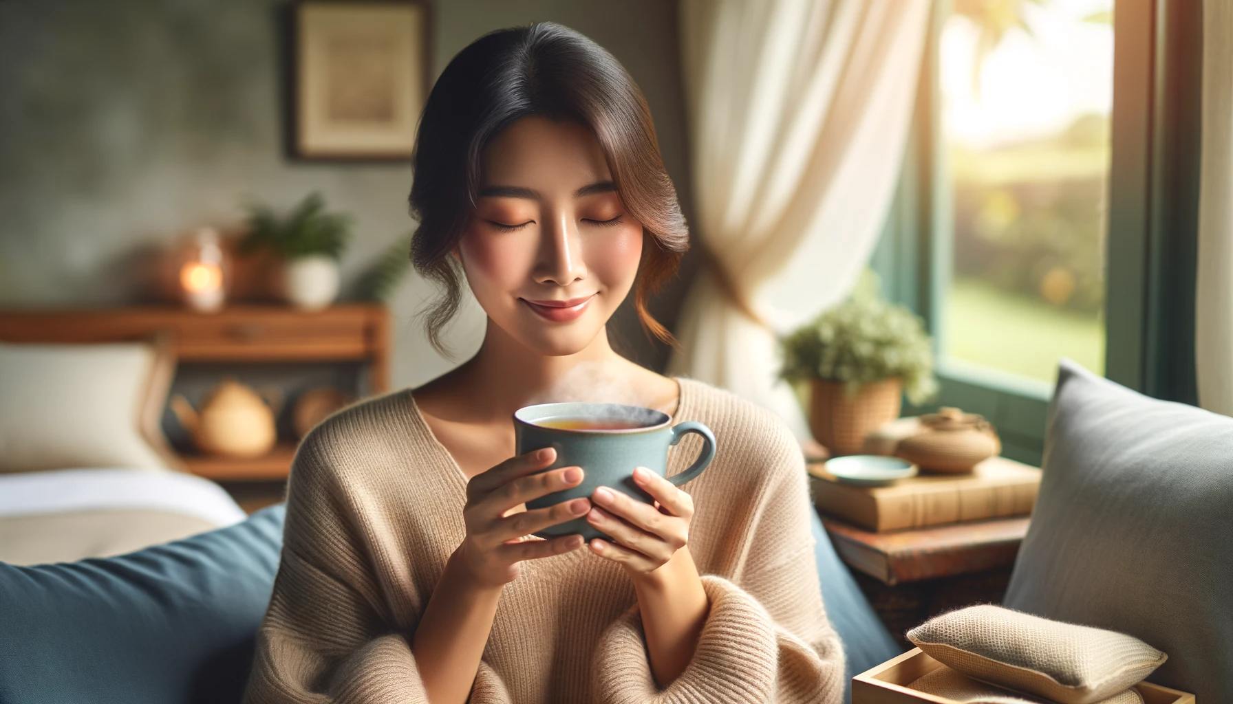 Woman enjoying a steaming cup of tea in a cozy, sunlit room.