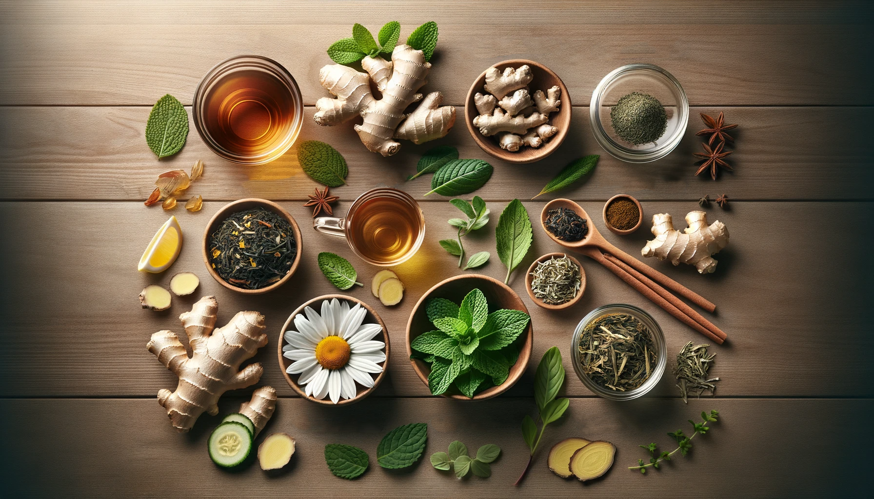 Herbal tea ingredients: ginger, mint, chamomile, lemon, tea leaves, and spices on a wooden table.