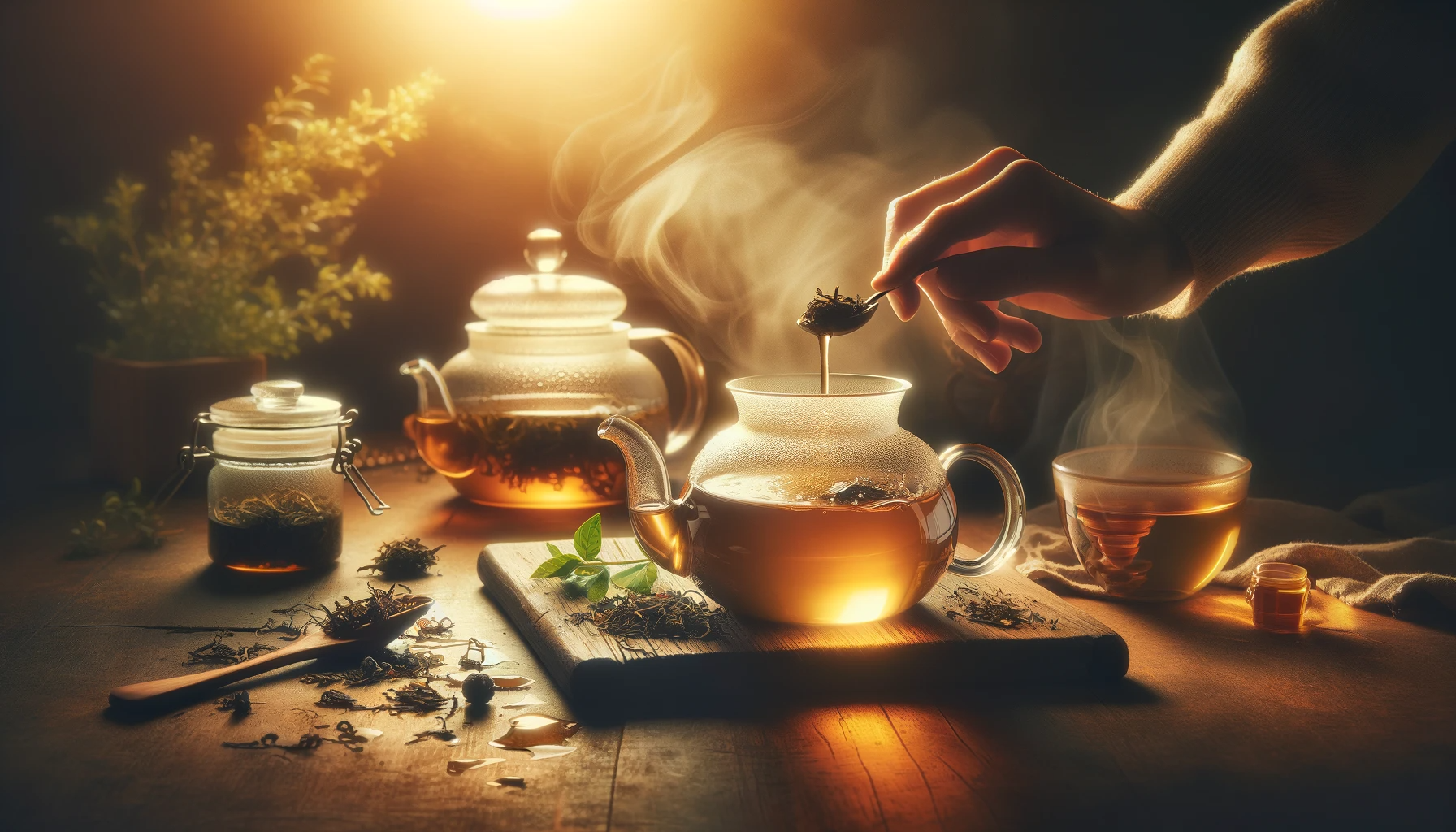 Steaming teapot and cup with herbs, hand adding tea leaves, warm lighting.