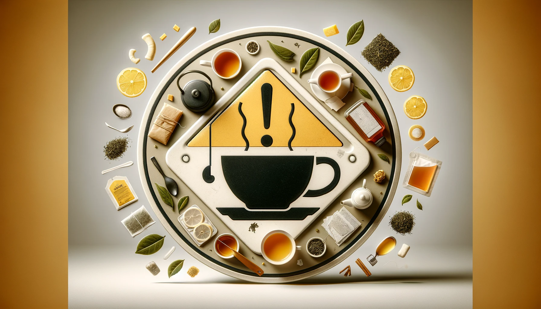 Tea cup symbol with steam, surrounded by tea leaves, lemon slices, and tea bags on a circular tray.