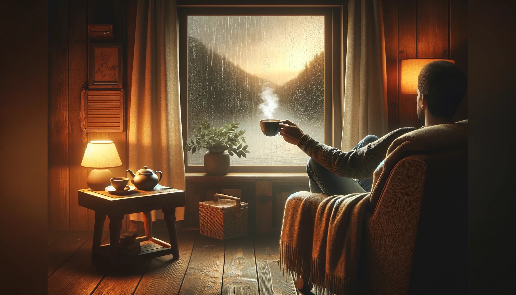 Cozy cabin scene with person sipping tea by a rainy window, warm lighting, and teapot on a table.