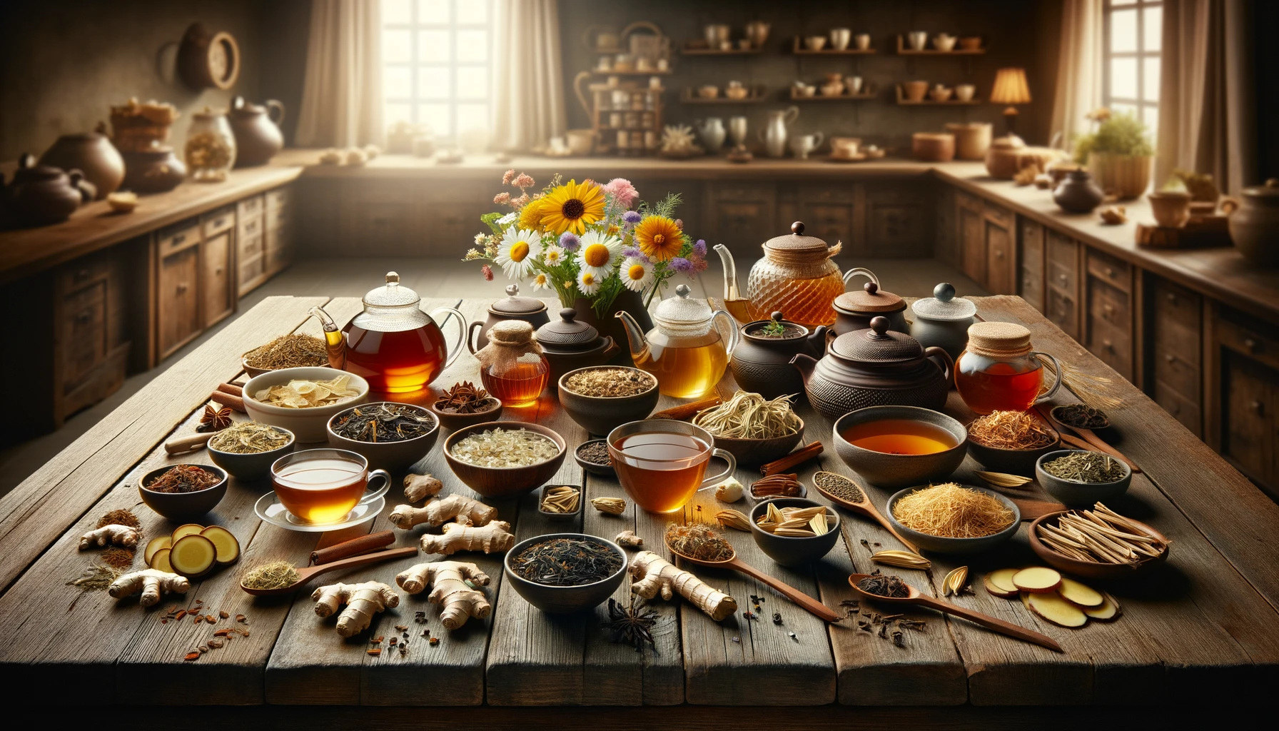 Assorted teas, herbs, and spices on a wooden table in a rustic kitchen setting.