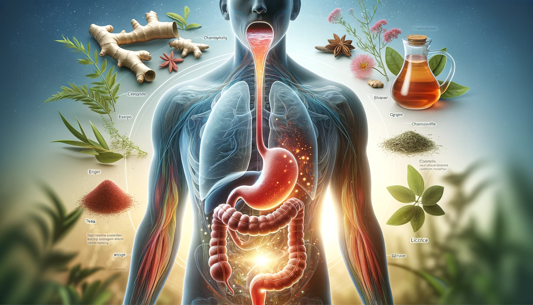 Illustration of human digestive system with herbs like ginger, chamomile, and licorice labeled around it.