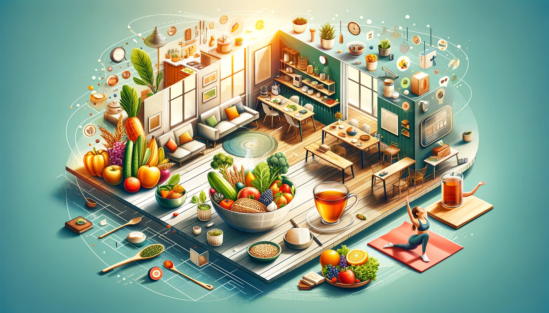 Whimsical kitchen scene with fruits, vegetables, tea, and a woman doing yoga.