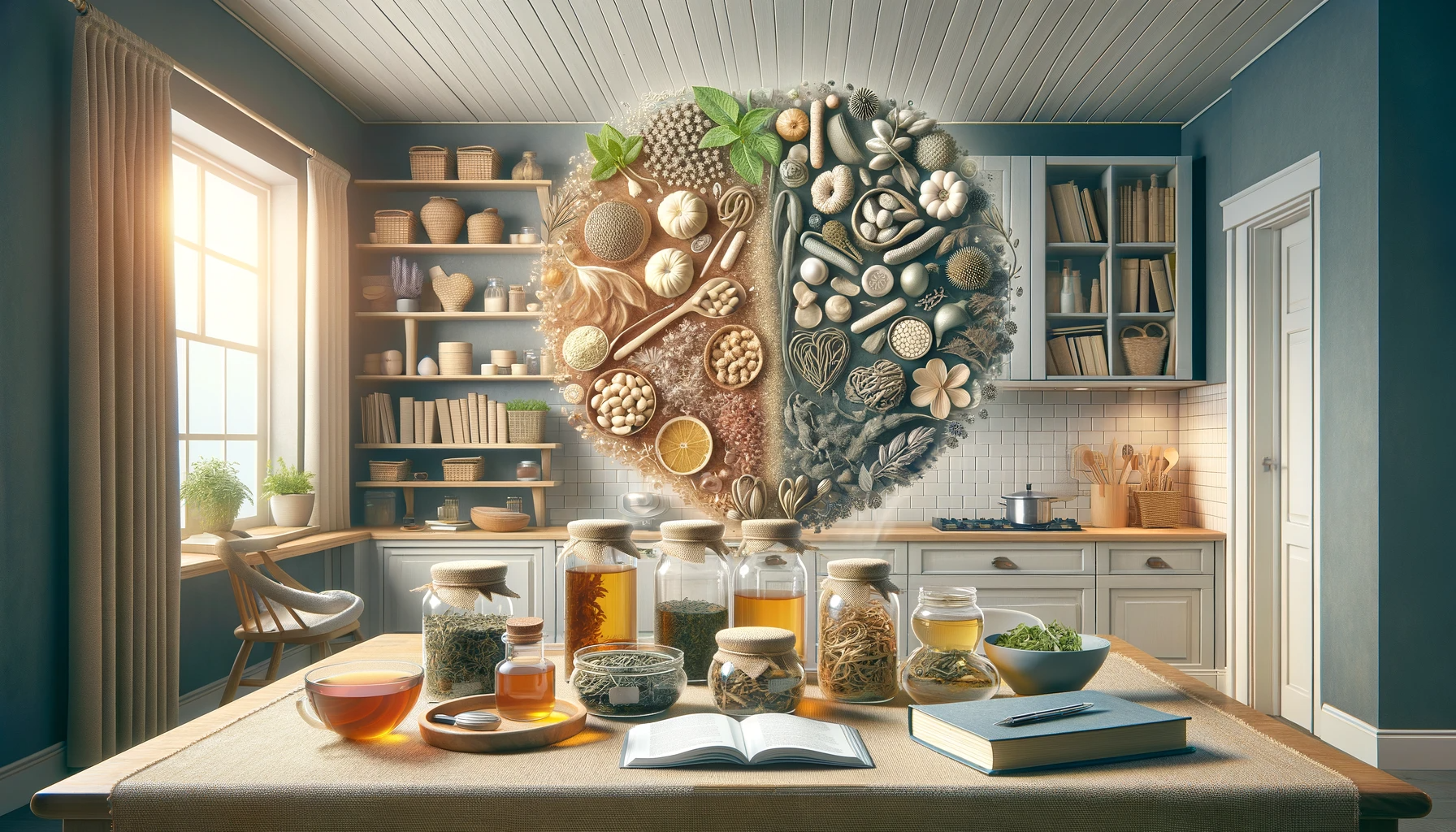 Sunlit kitchen with herbs, spices, and teas on a table; circular display of natural ingredients on the wall.