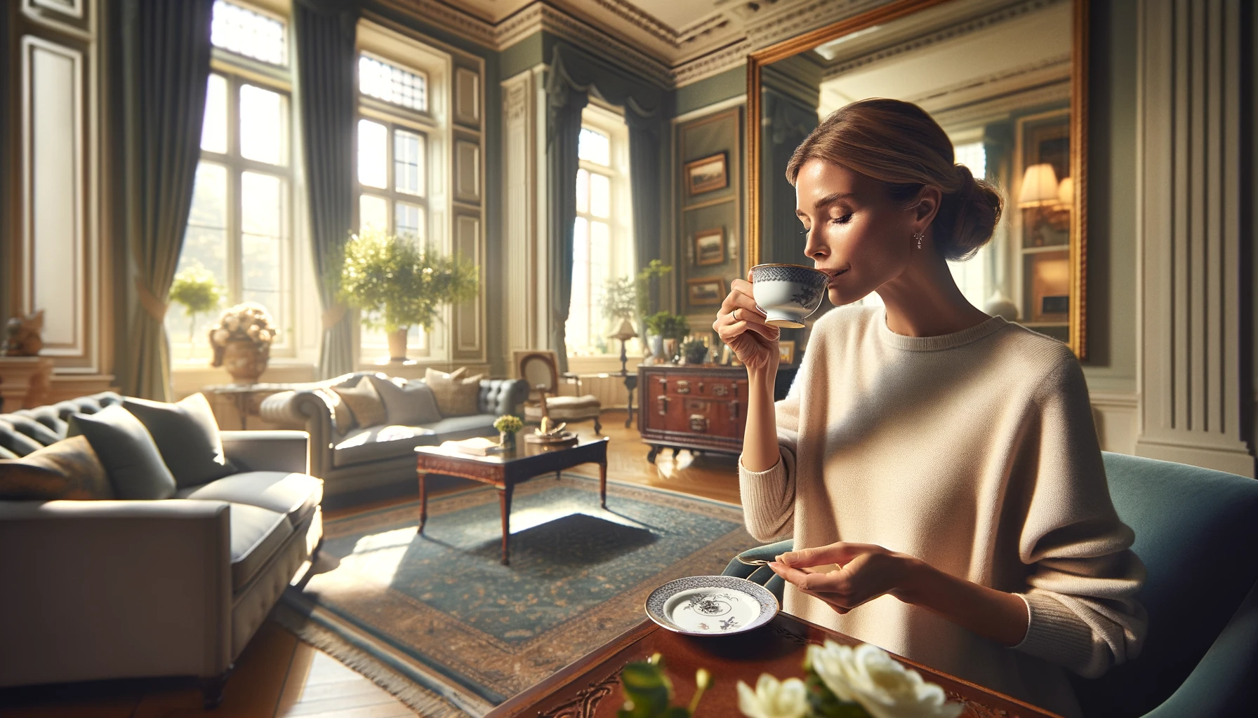 Woman sipping tea in an elegant, sunlit living room with classic decor.