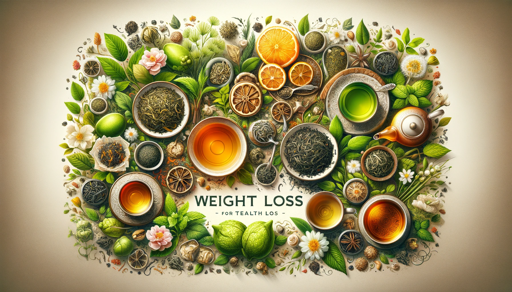Assorted teas and herbs with "Weight Loss" text, surrounded by citrus slices and green leaves.