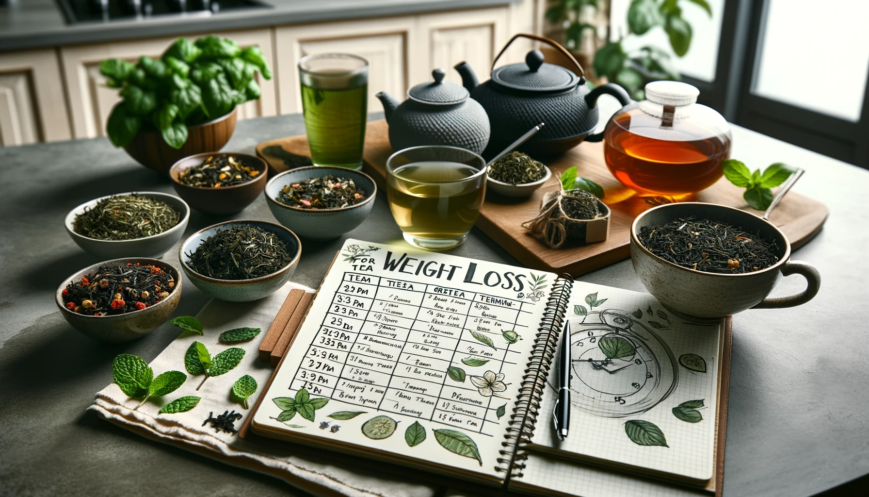 Tea varieties and weight loss journal on a kitchen counter with teapots and herbs.