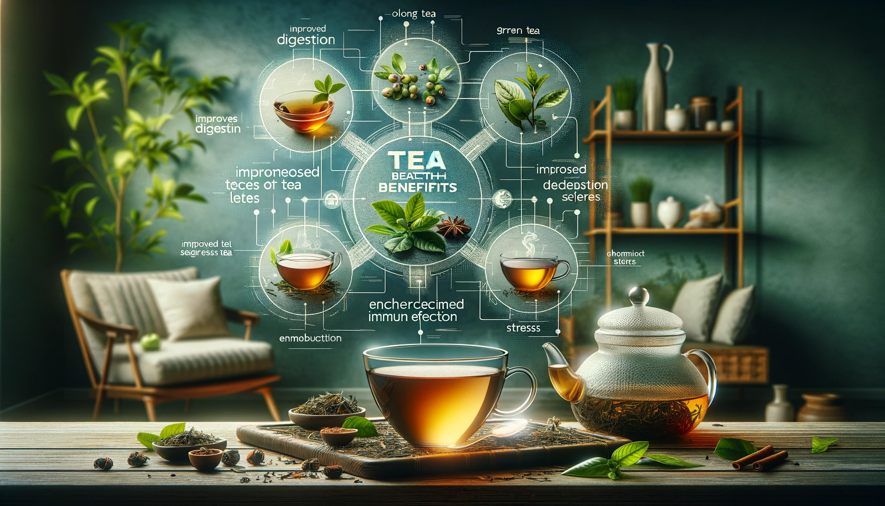 Tea health benefits infographic with teacup, teapot, and herbs on a wooden table in a cozy room.