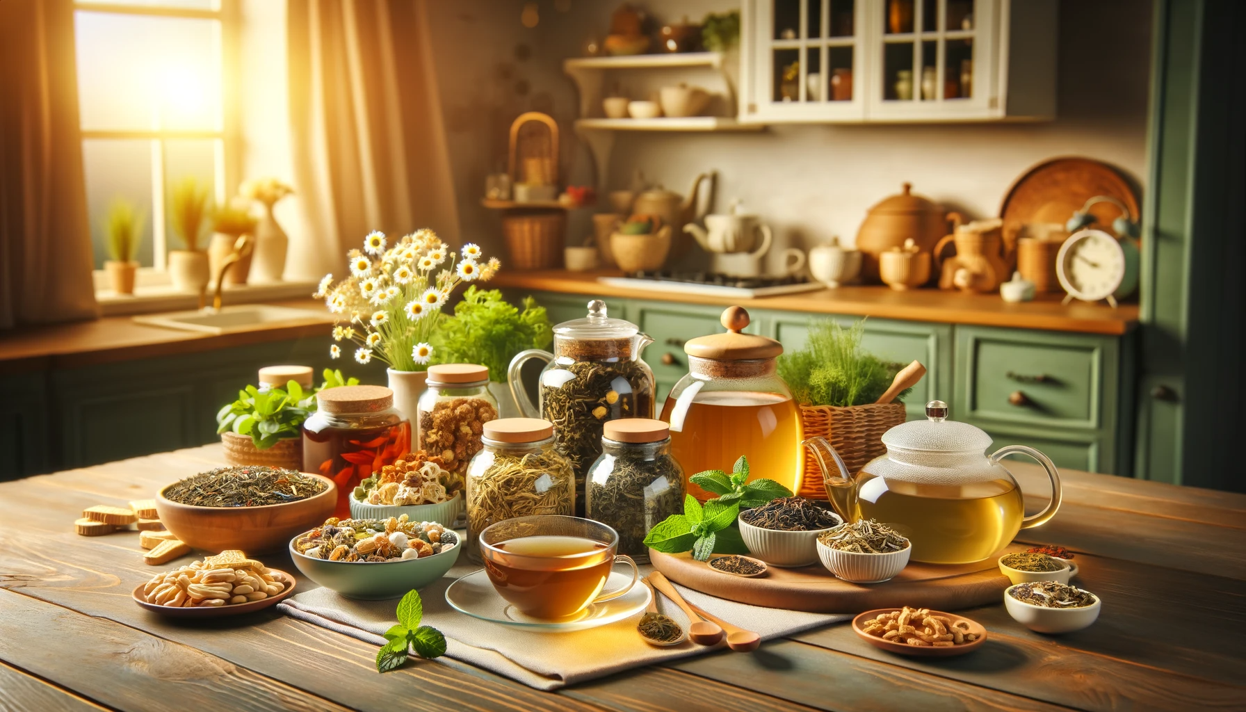 Sunlit kitchen with various teas, herbs, and nuts on a wooden table.