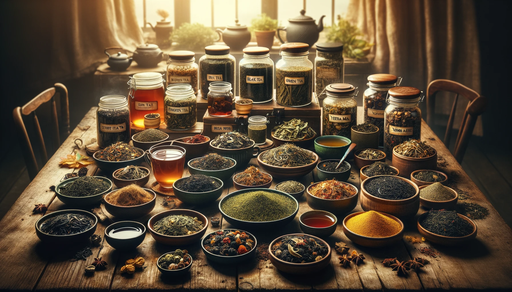 Assorted tea leaves and herbs in jars and bowls on a wooden table, with warm lighting.