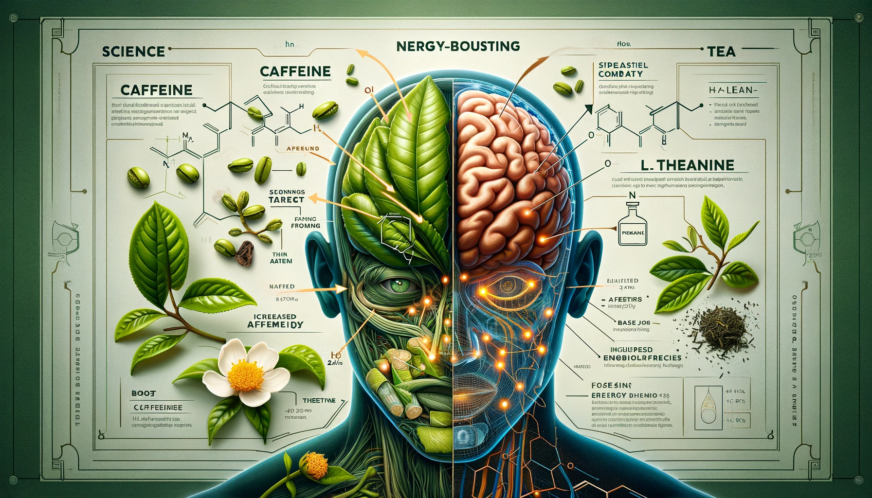 Illustrated human head with brain, tea leaves, and caffeine molecules; energy-boosting science chart.