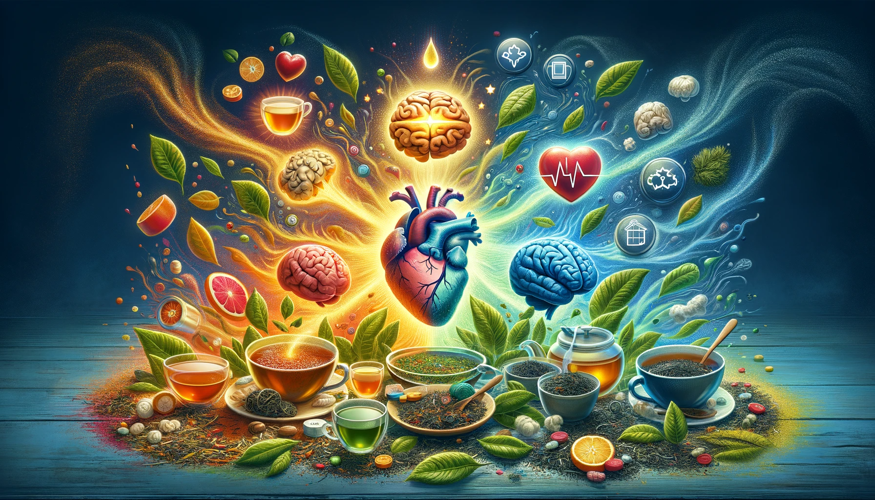 Colorful illustration of a heart and brain surrounded by tea cups, herbs, and wellness symbols.