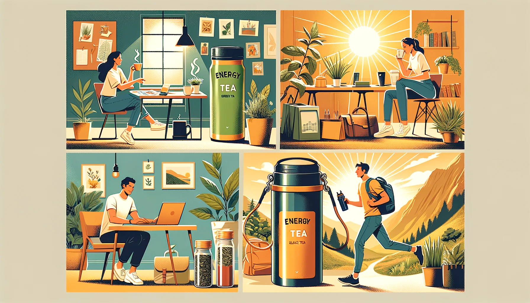 Four scenes of people enjoying energy tea in various settings: a cafe, a home office, and outdoors.