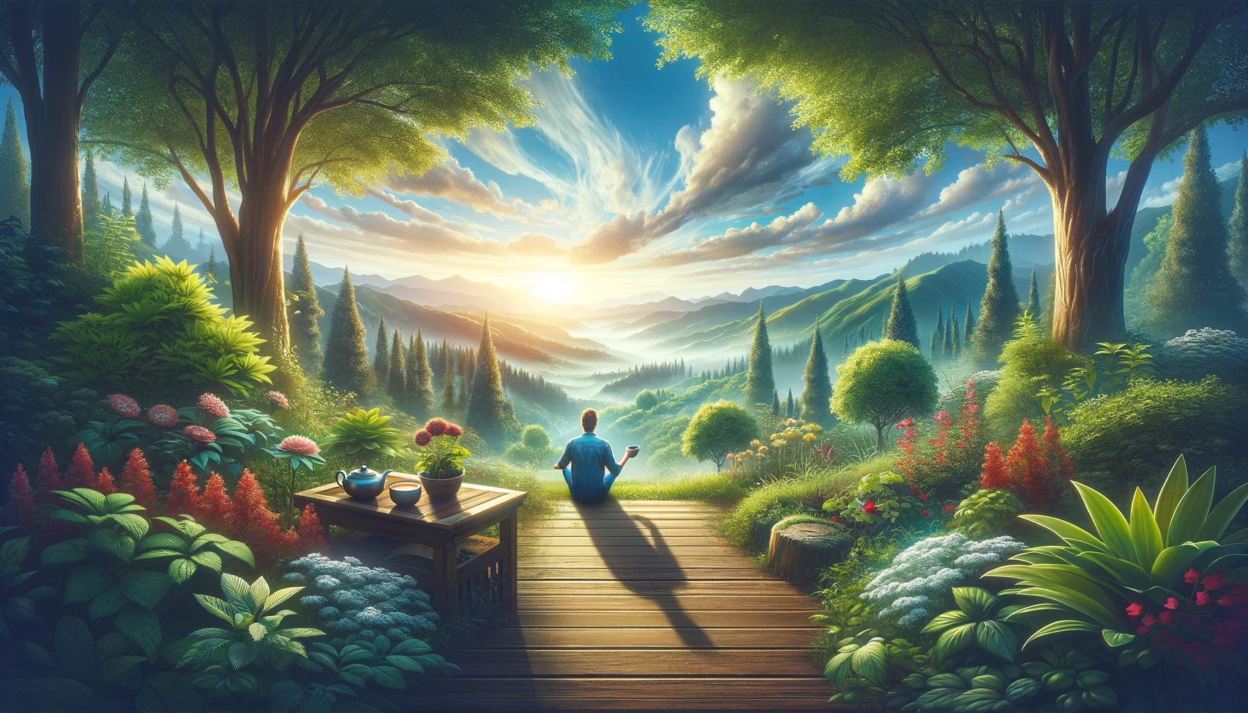 Person meditating on a wooden deck overlooking a lush, sunlit valley with vibrant flowers and trees.