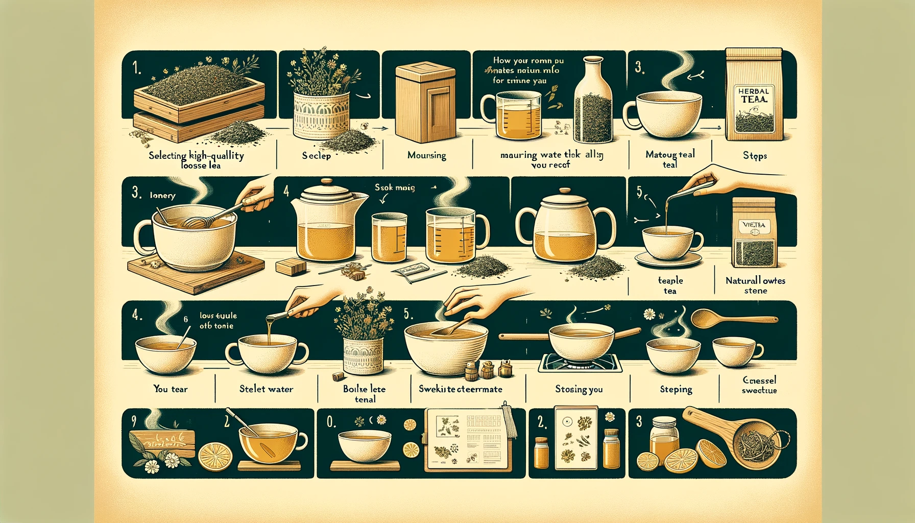 Illustrated guide to brewing herbal tea with step-by-step instructions and ingredients.