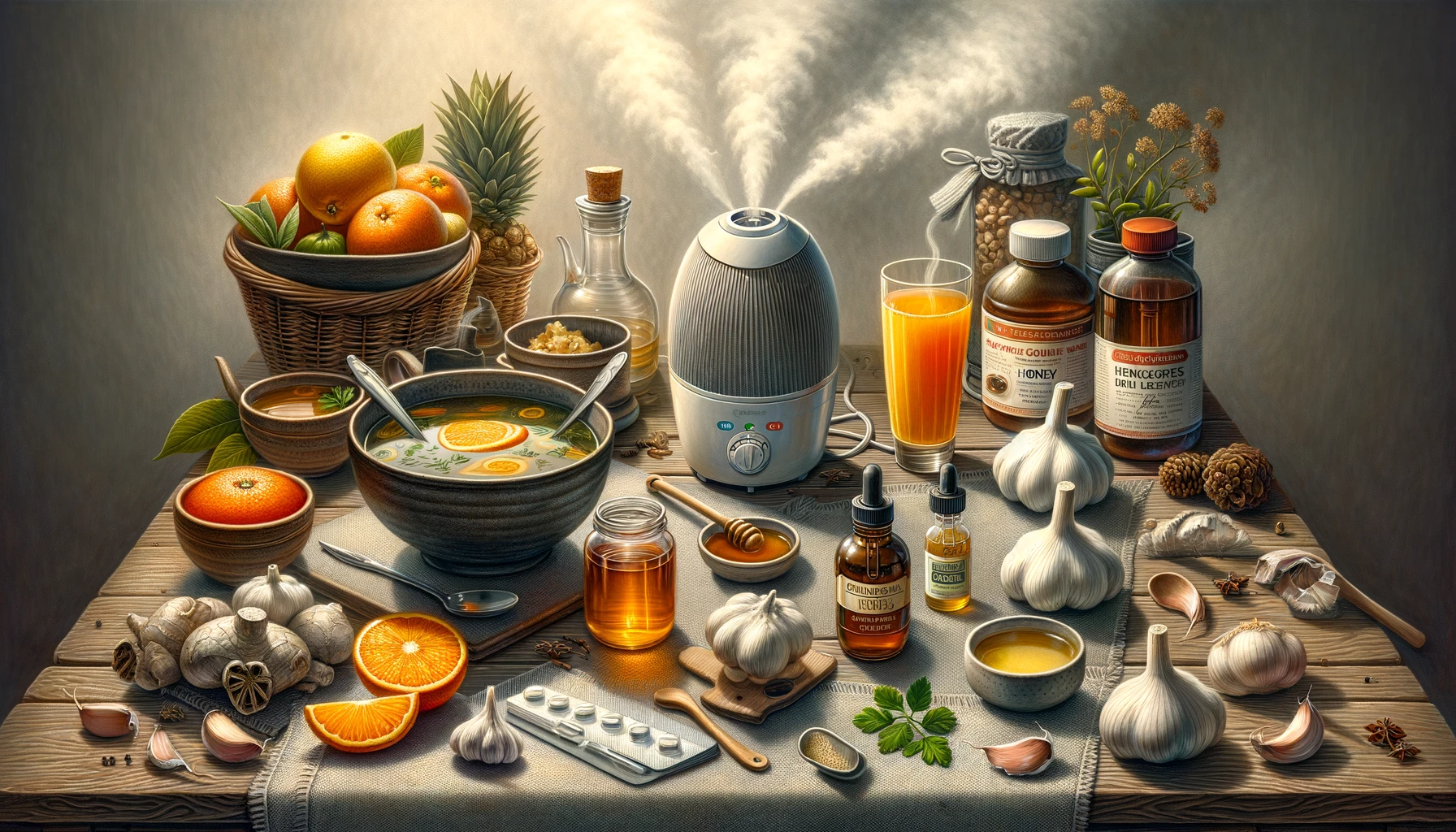 Aromatherapy diffuser with fruits, garlic, honey, and wellness products on a wooden table.