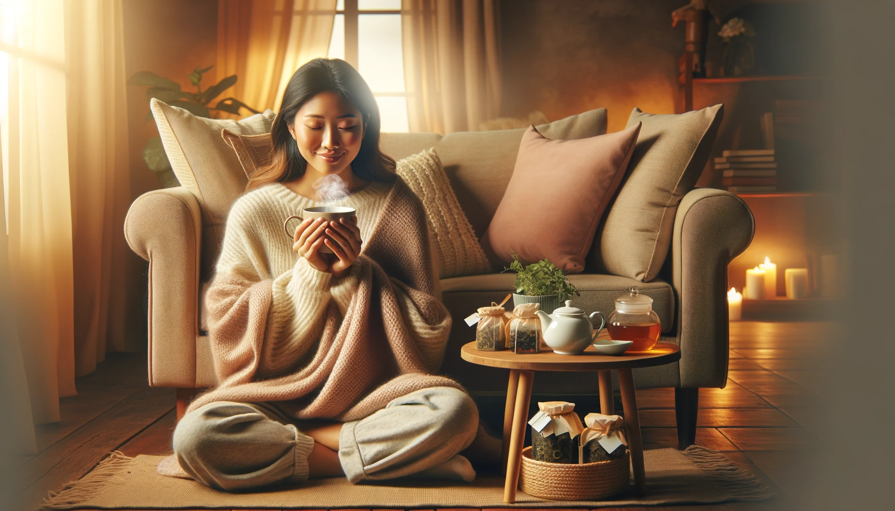 Woman enjoying tea in cozy living room with candles and tea set on table.