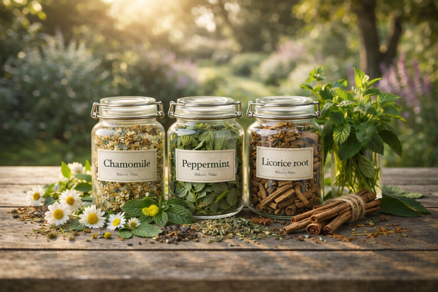 Jars of chamomile, peppermint, and licorice root on a wooden table with herbs and flowers.
