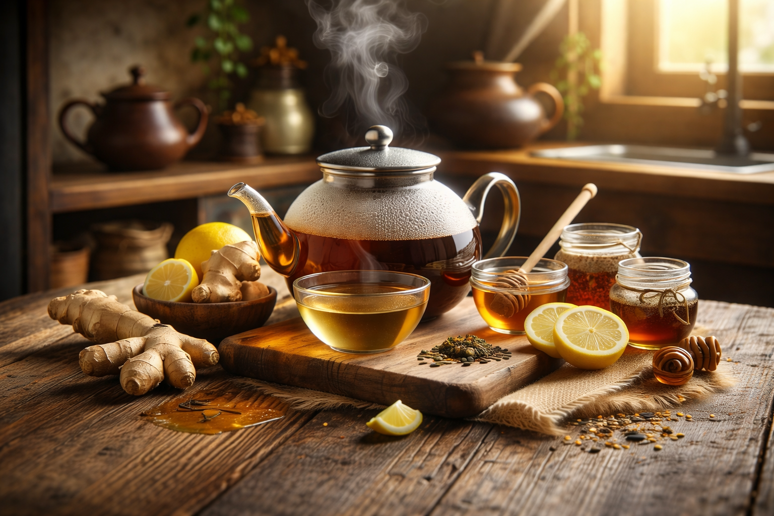 Steaming teapot with herbal tea, ginger, lemon slices, honey jars, and herbs on a rustic wooden table.