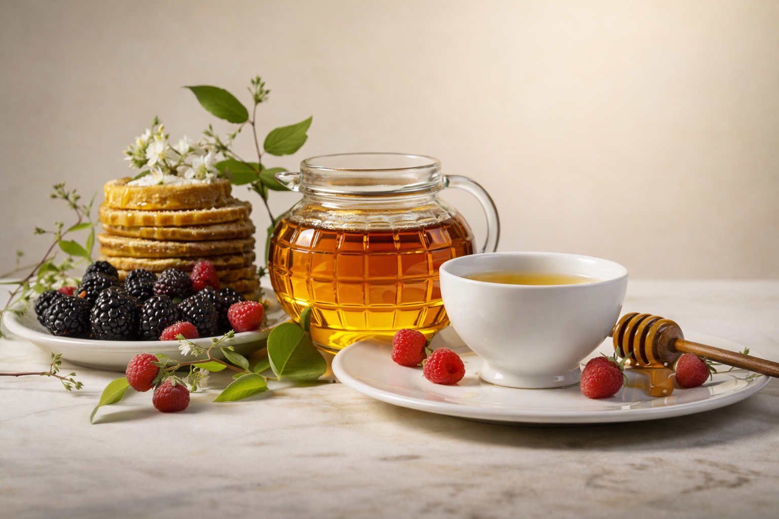Tea with honey, raspberries, blackberries, and pancakes on a marble surface.