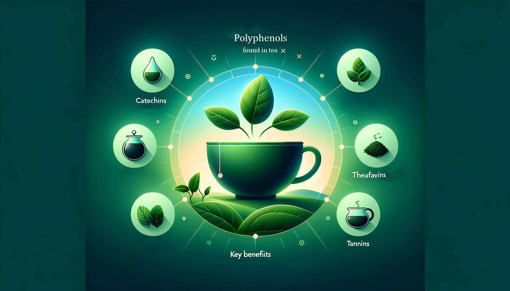Tea cup with leaves, surrounded by icons of polyphenols: catechins, theaflavins, tannins; labeled benefits.