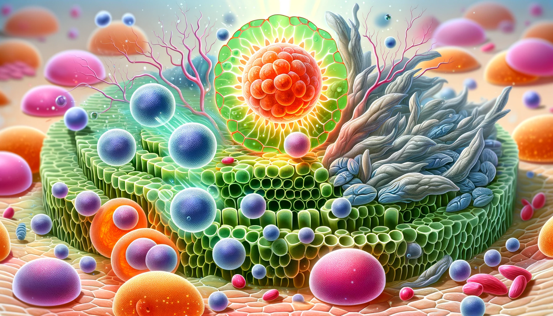 Colorful abstract representation of cellular structures with vibrant spheres and intricate patterns.
