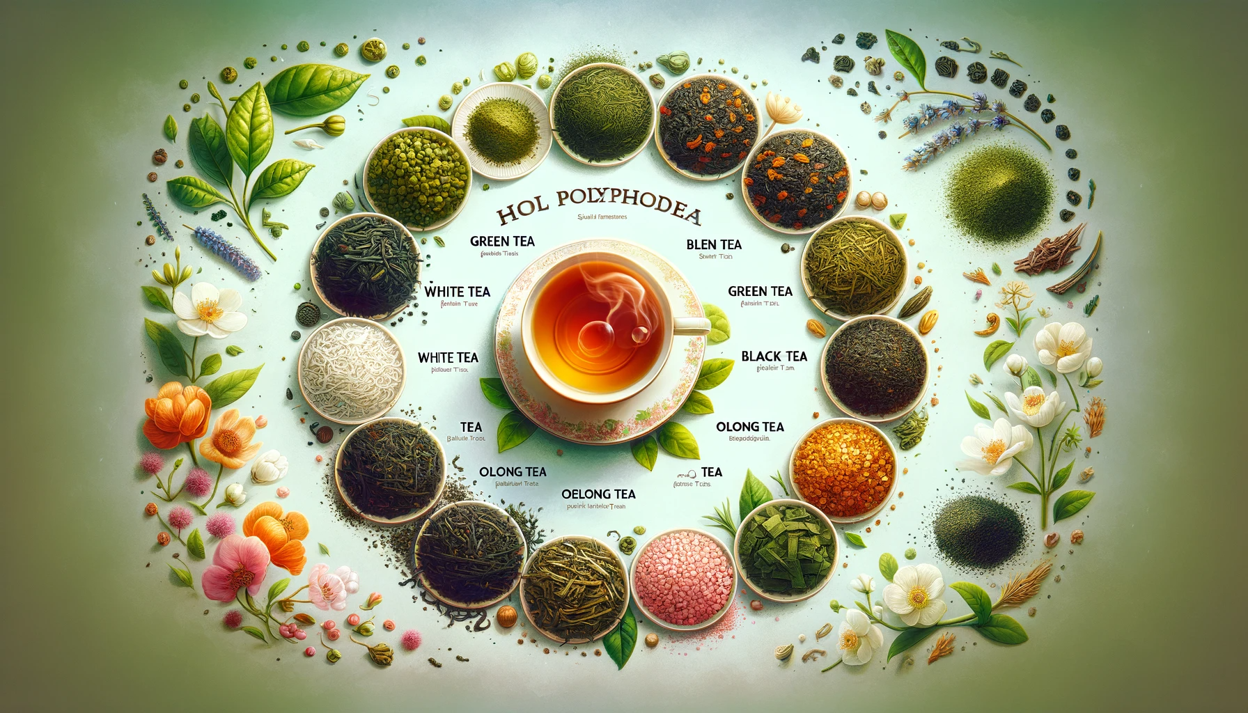 Tea varieties arranged around a central cup, labeled with names like green, black, and oolong, surrounded by floral designs.
