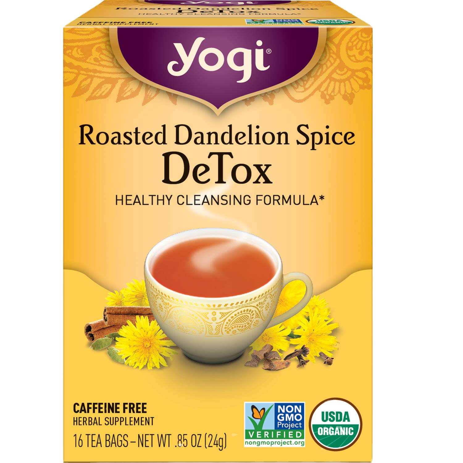 Yogi Roasted Dandelion Spice Detox tea box with cup, cinnamon, and dandelions.