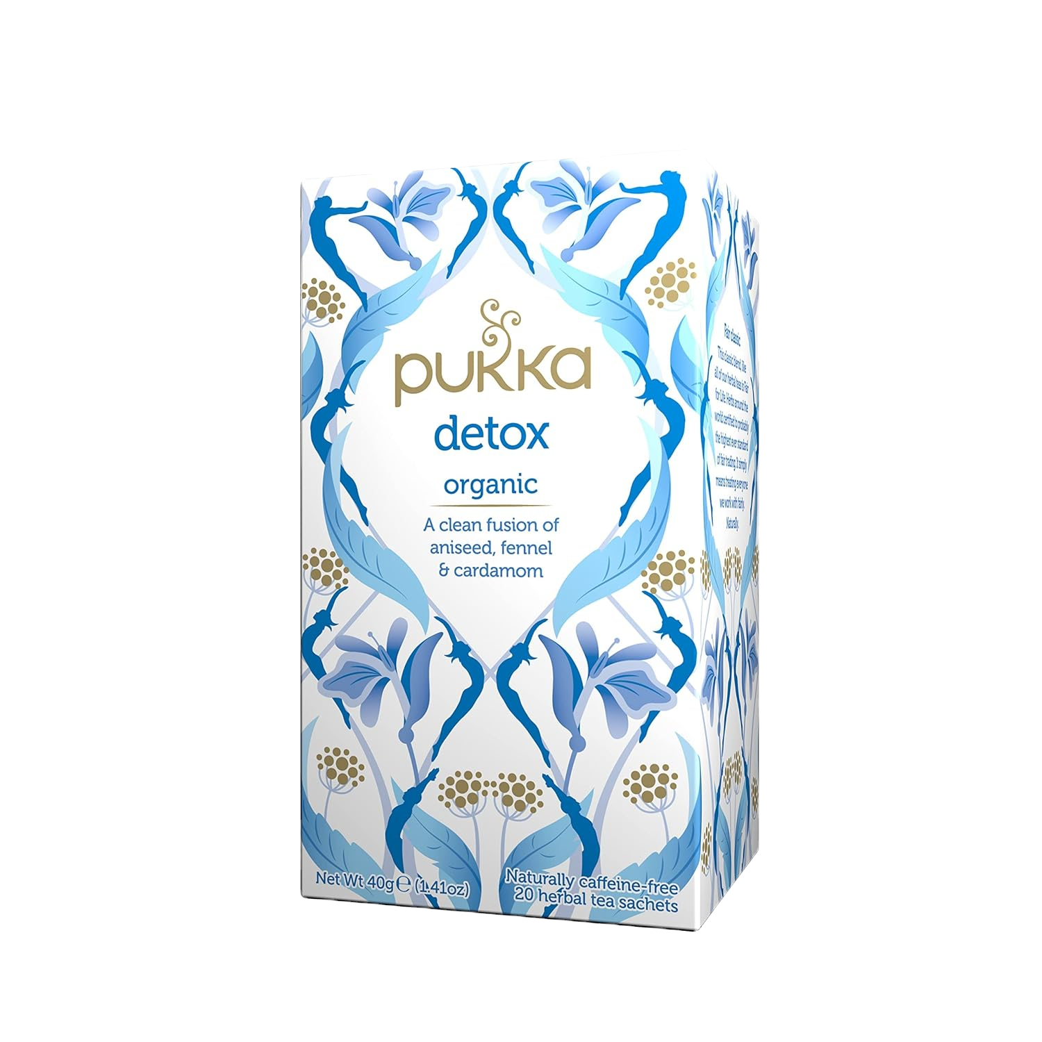 Pukka Detox organic tea box with blue floral design, aniseed, fennel, and cardamom.
